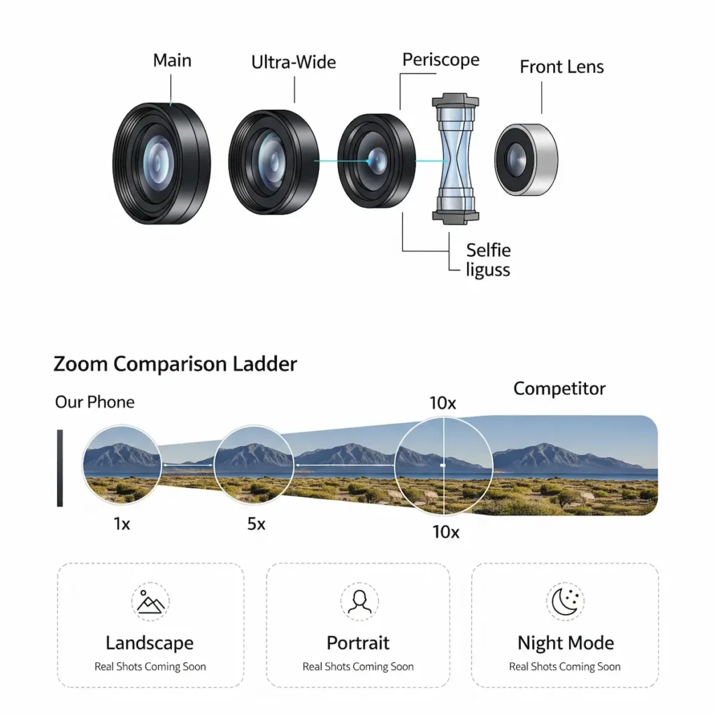 Zoom comparison ladder (1x → 5x → 10x vs competitor).