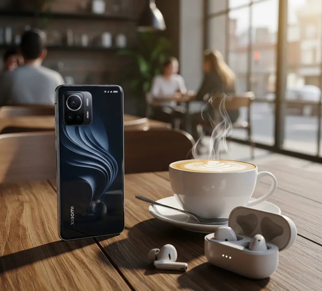 Lifestyle shot: Xiaomi 17 Pro Max phone in-hand, in pocket, or on a café table next to coffee and earbuds (helps humanize scale).