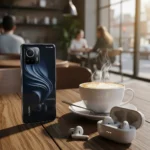 Lifestyle shot: Xiaomi 17 Pro Max phone in-hand, in pocket, or on a café table next to coffee and earbuds (helps humanize scale).