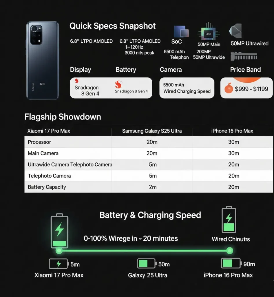 Quick Specs Snapshot graphic (clean spec card layout: display, SoC, battery, camera, price band).