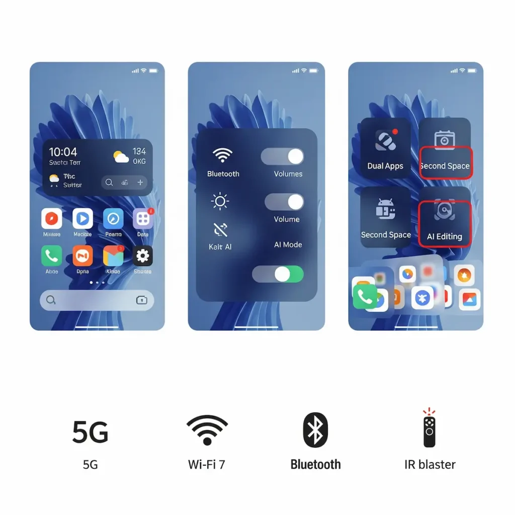 Screenshot mockups of MIUI 16 interface: home screen, control center, multitasking view.