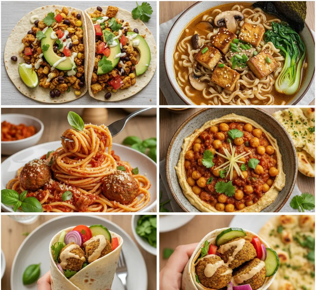 Global vegan food dishes from different cuisines