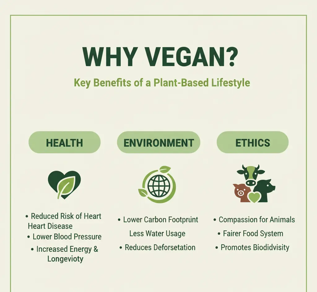 Infographic showing health, environmental and ethical benefits of vegan food